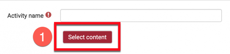 Moodle activity setup with Select Content button highlighted