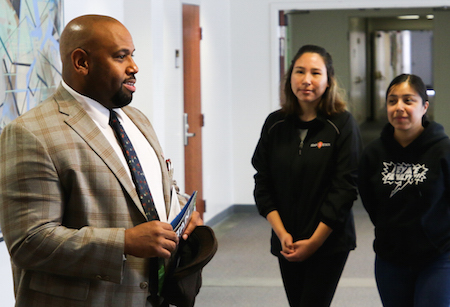 Dean Faimous Harrison talking to students