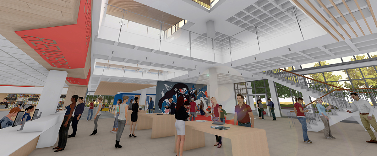 Rendering of Vasché Library’s renovated foyer