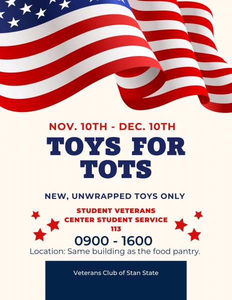 Toys for Tots, Nov. 10th - Dec. 10th, Student Veterans Center Student Service 113