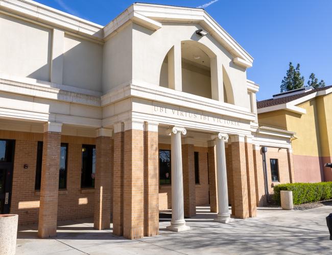 Campus recreation center building exterior with columns