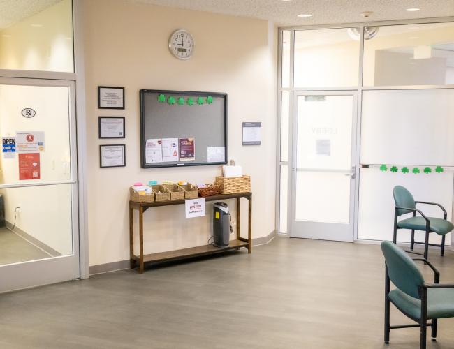 Health center lobby with free items table