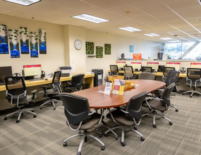 Computer lab with conference table and nature artwork