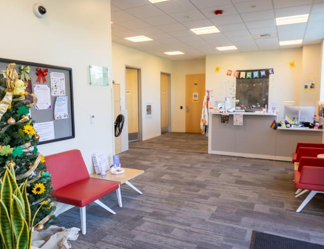 DRS reception lobby with welcome banner and decorated tree