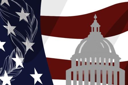 US Capitol in front of US flag with quill