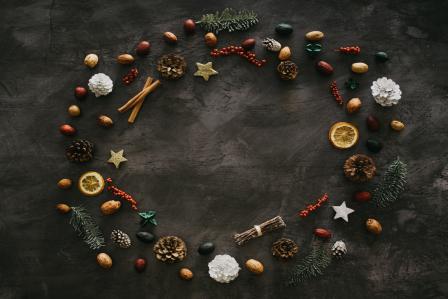 Circle of holiday ornaments.