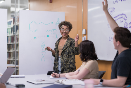 Tutor standing in front of a white board and a student raising their hand