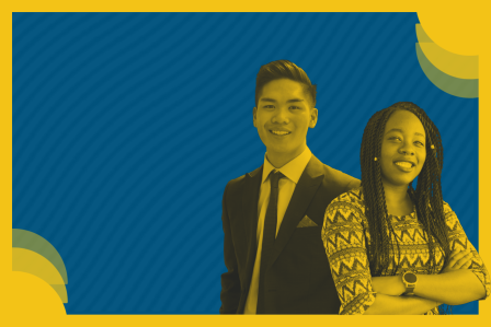 Two students posing for a picture. Blue and yellow background