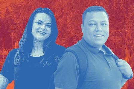 Graduate students smiling with backpacks