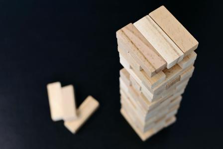 Jenga Tower, wooden blocks stacked on top of each other