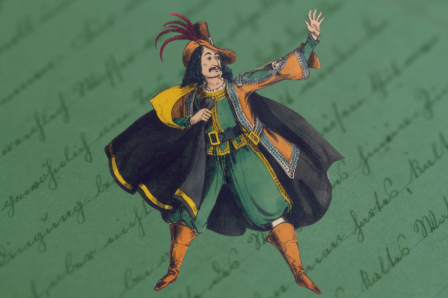 A cartoon man in nineteenth-century clothing