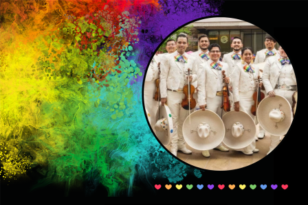 Band dressed in white and rainbow colors