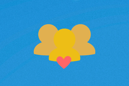 Three cartoon people with a heart in front