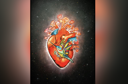 Drawing of a realistic heart and a mockingbird