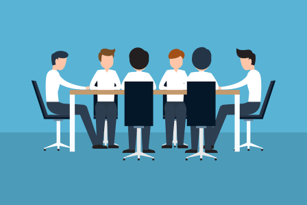 cartoon figures sitting around a conference table