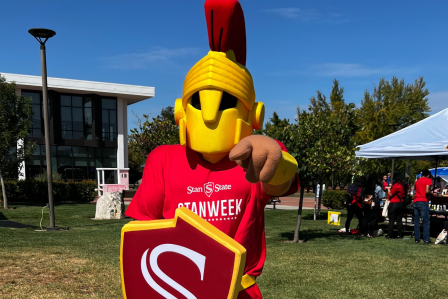 Stan State Mascot Titus pointing in the direction of the camera