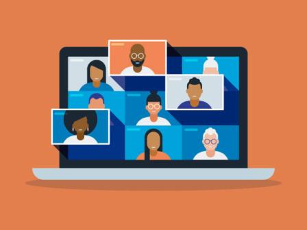 Various people in a virtual meeting on a laptop