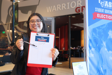 A student holding an ASI Student Government Ballot. 