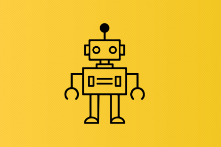 a robot over a green background.