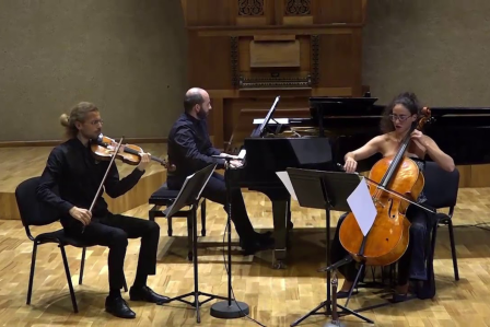 the Galan Trio musical performers, playing their instruments on stage.