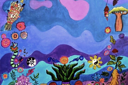 a colorful painting showcasing different plants and objects