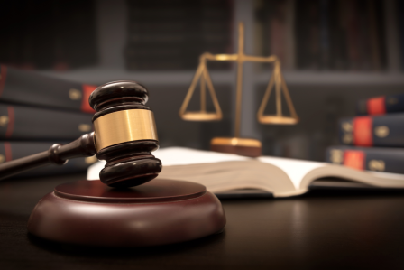 a gavel on its base, sitting next to a golden scale.  Representing the power of the court.