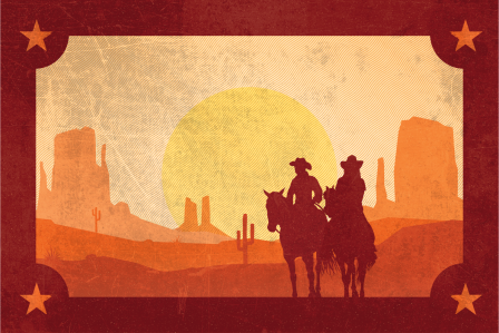 The outline of two cowboys against the backdrop of a setting sun.