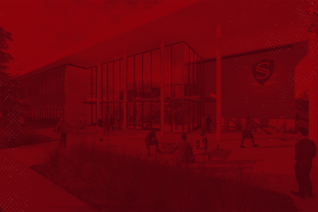Image of new Stockton building with red overlay.