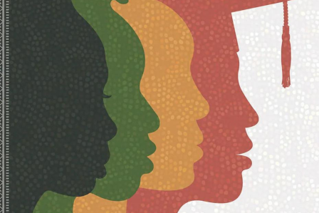 Silhouette people with a graduation cap on their head.