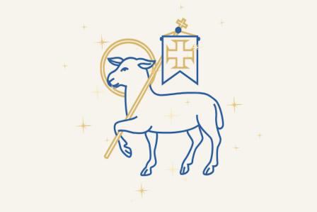 Illustration of a lamb holding a banner with the symbol of the cross