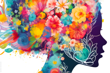 Silhouette of a woman's head filled with vibrant, colorful flowers and foliage, set against a white background.