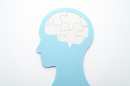 Puzzle pieces fitting into a person's head, symbolizing integration of thoughts and ideas.