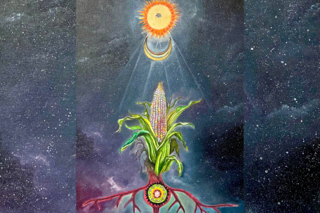 A colorful painting featuring a corn plant alongside the sun and moon.