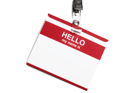 Name tag that says, "Hello my name is".