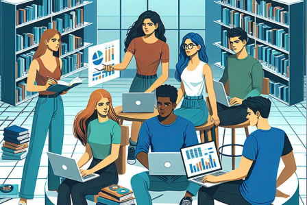 Illustration of a group of students at a library researching