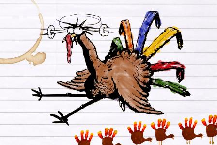 Illustration of a turkey and hands colored to look like turkeys