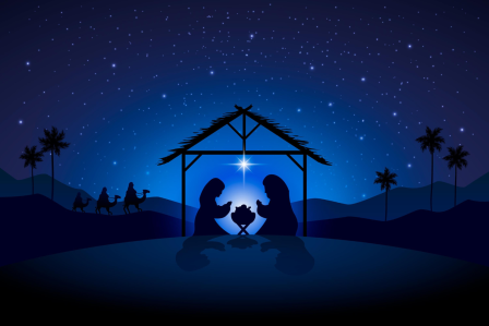 Silhouette of a Nativity set up.