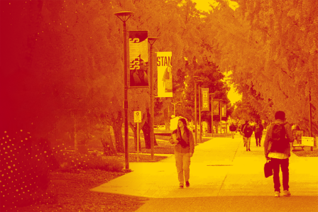 Color overlay on a scene of students walking on campus