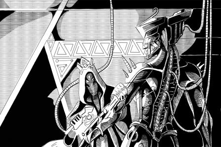 space ship and space suited figures in black and white