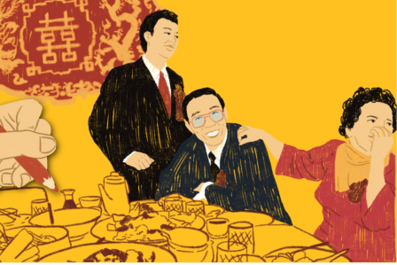 An illustration of a family gathered around a table, enjoying a festive dinner with traditional dishes.