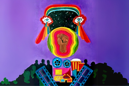 A brown raised fist inside colorful rings, floats above film reels, popcorn, and a crowd silhouette against a purple background.