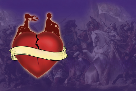 Silhouettes of a seated man and woman back-to-back on a cracked red heart with a blank banner. Background depicts a historic battle scene. 