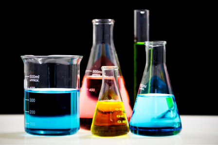 Beakers filled with chemicals