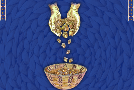 Artwork of hands dropping acorns into basket