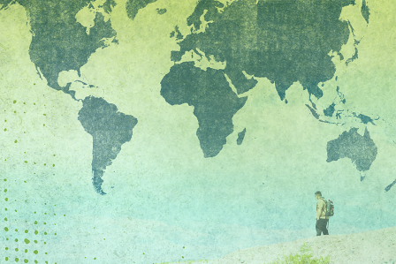 world map overlay on photo of student in Death Valley