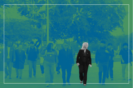 President walking with students