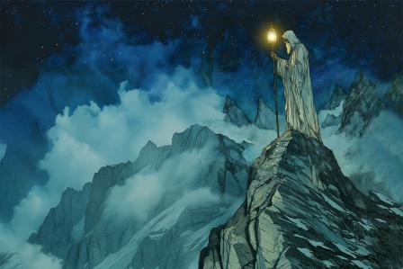 A robed person standing on top of a mountain