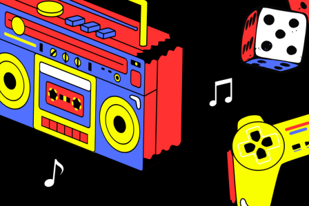 Boombox, dice, gaming controller