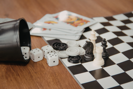 Chess board, dice, and cards