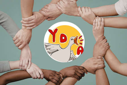People holding hands around the YDSA logo